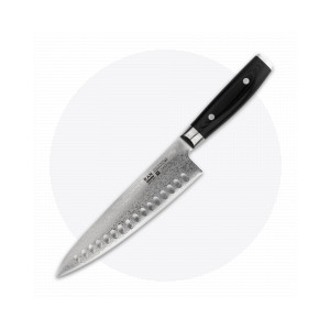 Нож кухонный Шеф 20 см, с углублениями на лезвии, «Gyuto», дамасская сталь, серия Ran, YAXELL, Япония, Ножи сантоку