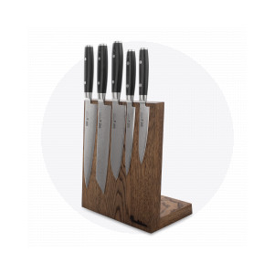 Набор из 5-ти кухонных ножей на подставке из дуба, серия RAN, YAXELL, Япония, Серия RAN дамасская сталь 69 слоев