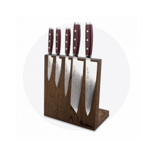 Набор из 5-ти кухонных ножей на подставке из дуба, серия GOU 161, YAXELL, Япония, Серия SUPER GOU дамасская сталь 161 слой