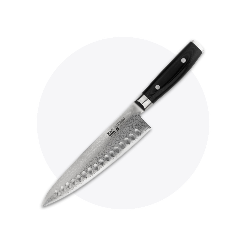 Нож кухонный Шеф 20 см, с углублениями на лезвии, «Gyuto», дамасская сталь, серия Ran, YAXELL, Япония