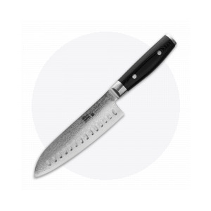 Нож кухонный Сантоку 16,5 см, с углублениями на лезвии, «Santoku», дамасская сталь, серия Ran, YAXELL, Япония, Ножи поварские
