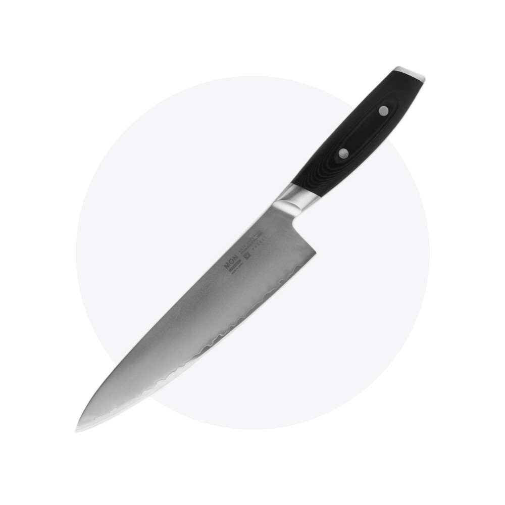 Профессиональный поварской кухонный нож 20 см, «Gyuto», сталь VG-10 в обкладке из нержавеющей стали, серия Mon, YAXELL, Япония