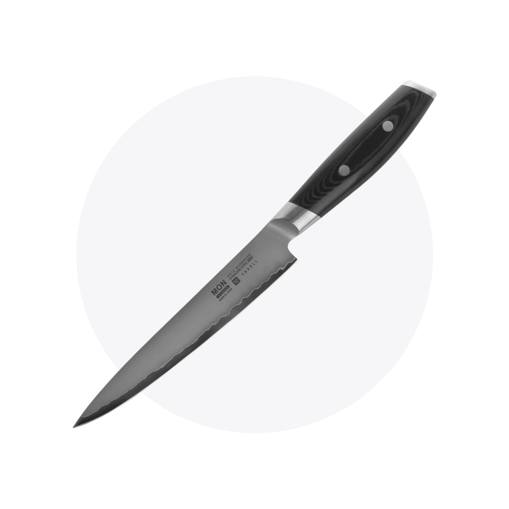 Нож кухонный для тонкой нарезки 18 см, «Sujihiki», сталь VG-10 в обкладке из нержавеющей стали, серия Mon, YAXELL, Япония