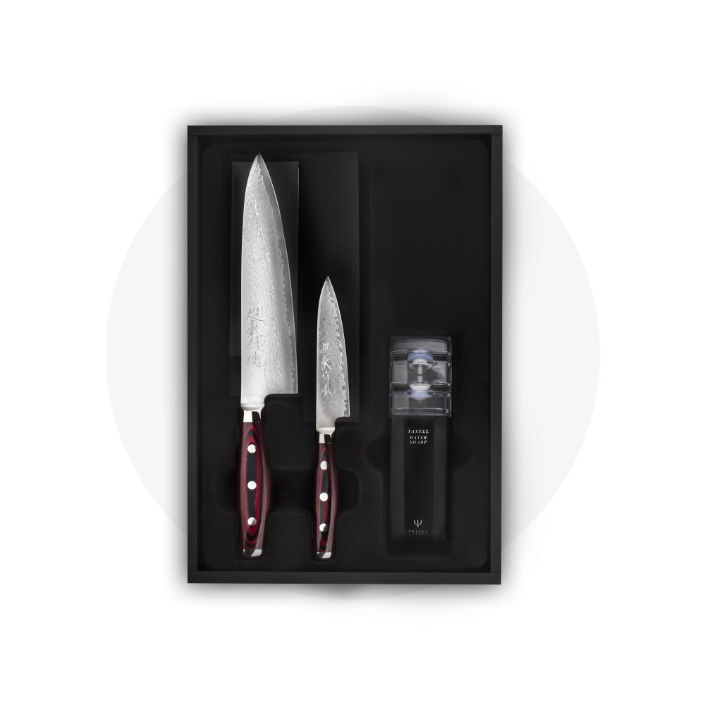 Набор из 2-х кухонных ножей с точилкой, дамасская сталь, серия GOU 161, YAXELL, Япония