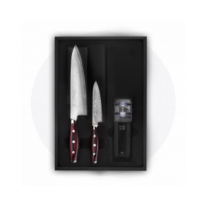 Набор из 2-х кухонных ножей с точилкой, дамасская сталь, серия GOU 161, YAXELL, Япония, Наборы ножей и подставки
