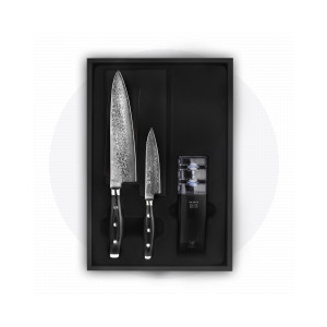Набор из 2-х кухонных ножей с точилкой, дамасская сталь, серия GOU, YAXELL, Япония, Наборы ножей и подставки