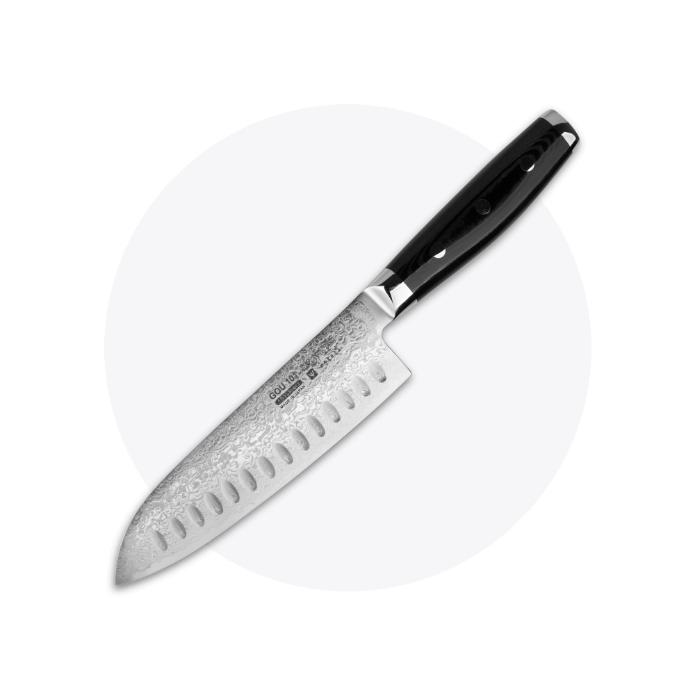Нож кухонный Сантоку 16,5 см, с углублениями на лезвии, «Santoku», дамасская сталь, серия Gou, YAXELL, Япония