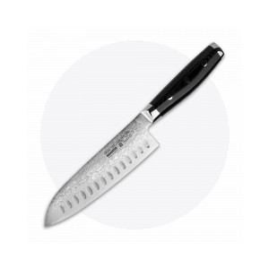 Нож кухонный Сантоку 16,5 см, с углублениями на лезвии, «Santoku», дамасская сталь, серия Gou, YAXELL, Япония, Ножи сантоку