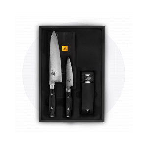 Набор из 2-х кухонных ножей с точилкой, дамасская сталь, серия Ran, YAXELL, Япония, Серия RAN дамасская сталь 69 слоев