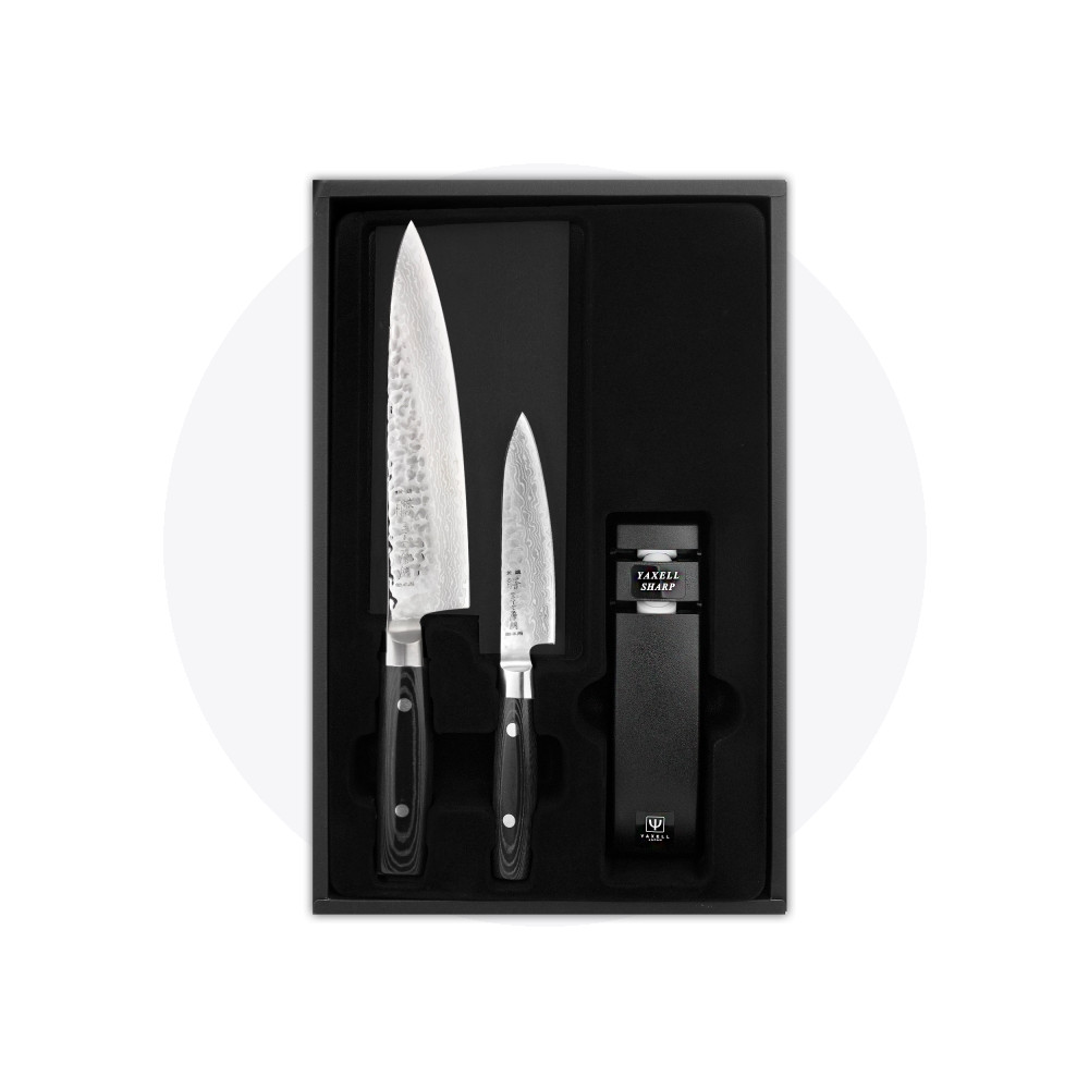 Набор из 2-х кухонных ножей с точилкой,  дамасская сталь, серия Zen, YAXELL, Япония