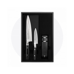 Набор из 2-х кухонных ножей с точилкой, дамасская сталь, серия Zen, YAXELL, Япония, Серия ZEN дамасская сталь 37 слоев