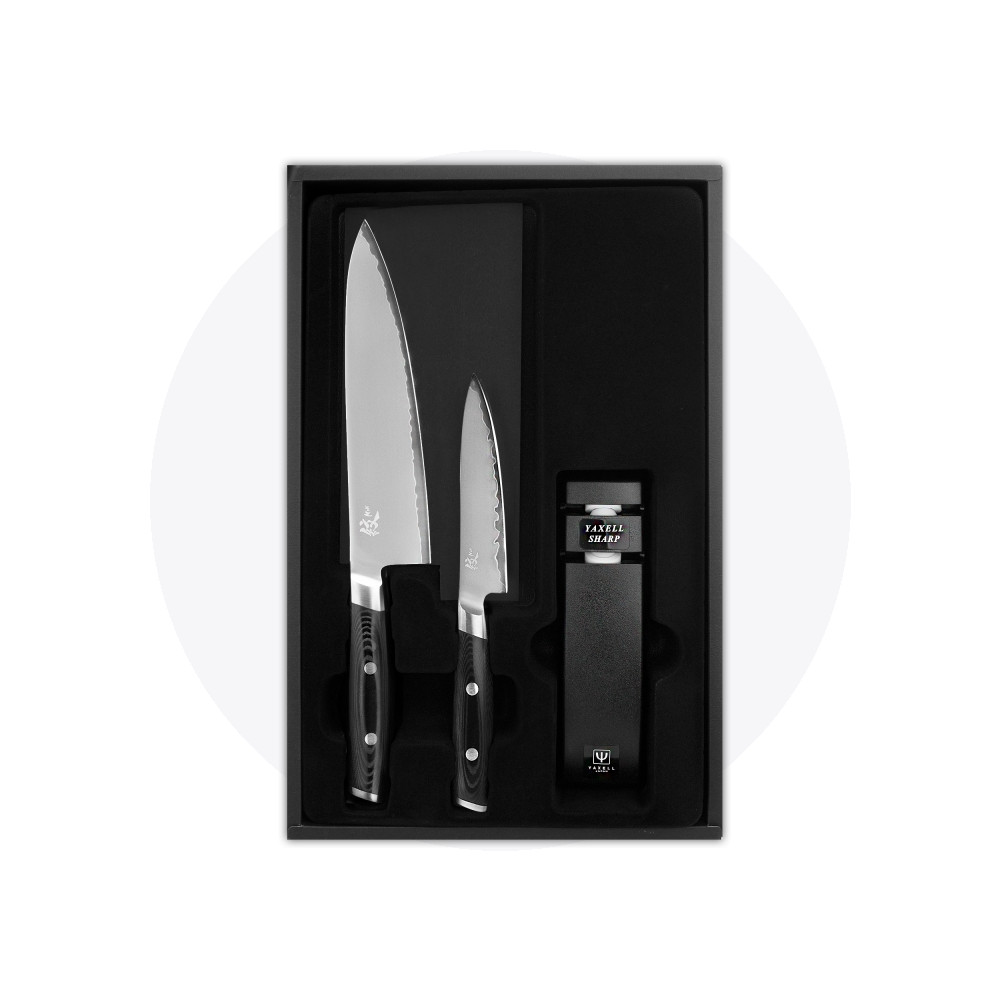 Набор из 2-х кухонных ножей с точилкой, (3 слоя) сталь VG-10 в обкладке из нержавеющей стали, серия Mon, YAXELL, Япония