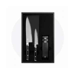 Набор из 2-х кухонных ножей с точилкой, (3 слоя) сталь VG-10 в обкладке из нержавеющей стали, серия Mon, YAXELL, Япония, Наборы ножей и подставки