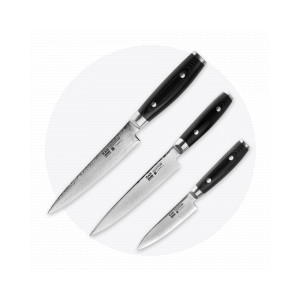 Набор из 3-х кухонных ножей «поварская тройка», серия RAN, YAXELL, Япония, Серия RAN дамасская сталь 69 слоев