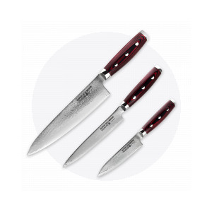 Набор из 3-х кухонных ножей «поварская тройка», серия GOU 161, YAXELL, Япония, Серия SUPER GOU дамасская сталь 161 слой