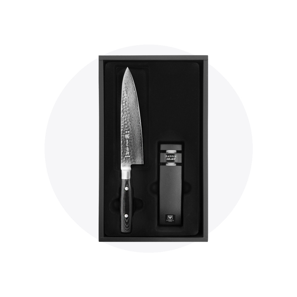 Набор из кухонного ножа с точилкой, дамасская сталь, серия Zen, YAXELL, Япония